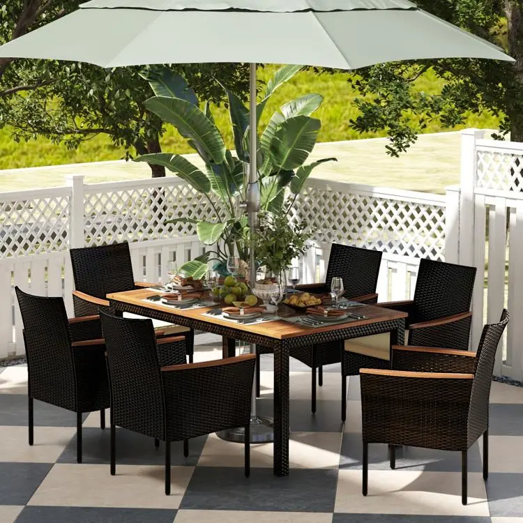COSTWAY 7-Piece Patio Dining Set with Umbrella Hole, Acacia Wood & Rattan Table and 6 Stackable Chairs with Cushions, Outdoor Wicker Furniture Set for Balcony Garden Poolside, 4th of july decor, dad gift
