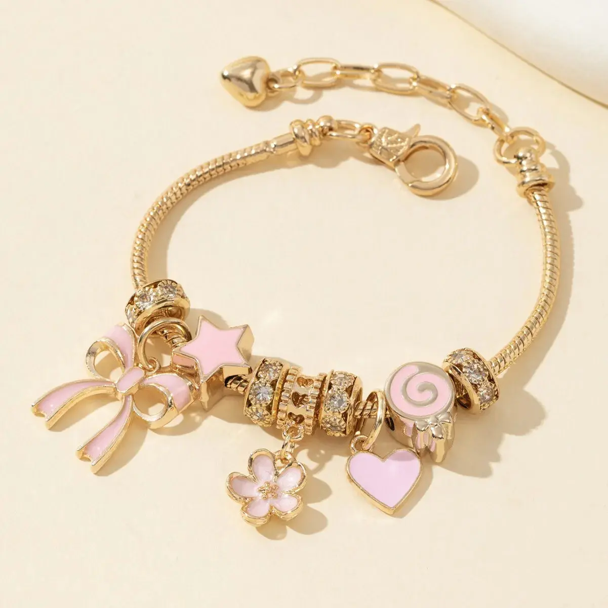 Pink Gold Charm Bracelet – Heart, Bow & Star Charms | Adjustable Cute Jewelry