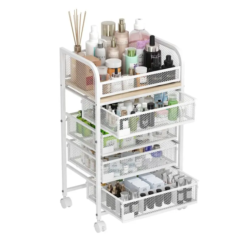 Modern White Rectangle MDF Beauty Cosmetic Trolley Box - 4-Drawer Multifunctional Makeup Organizer with Wheels, Nameplates, Adjustable Vanity Holder, Desktop Storage Tray for Perfume, Nail Polish, Brushes, Hair Tools