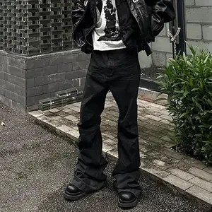 Streetwear Black Rubberized Bootcut Pants for Men and Women, Straight Loose Casual Flared Pants, Oversized Loose Jeans