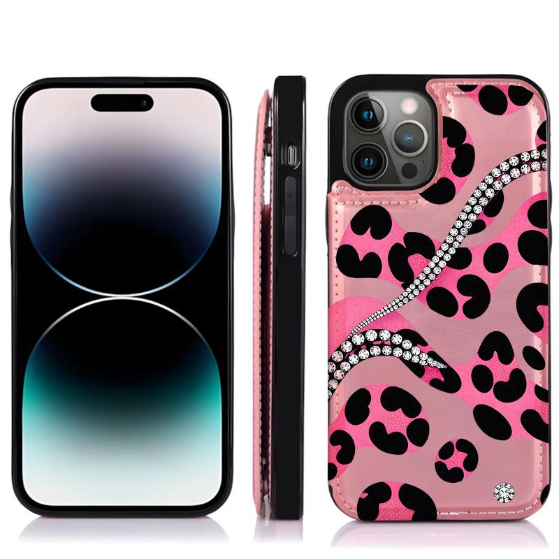 Diamond leopard print Pattern Phone Cases Compatible For With iphone 17 16 15 14 13 12 PRO PLUS MAX AIR PU Black Brown Pink Durable Flip High quality Leather Credit Card Bag Holder Mother Gift Wallet Shockproof Anti-Drop Full Protection Shell Cover