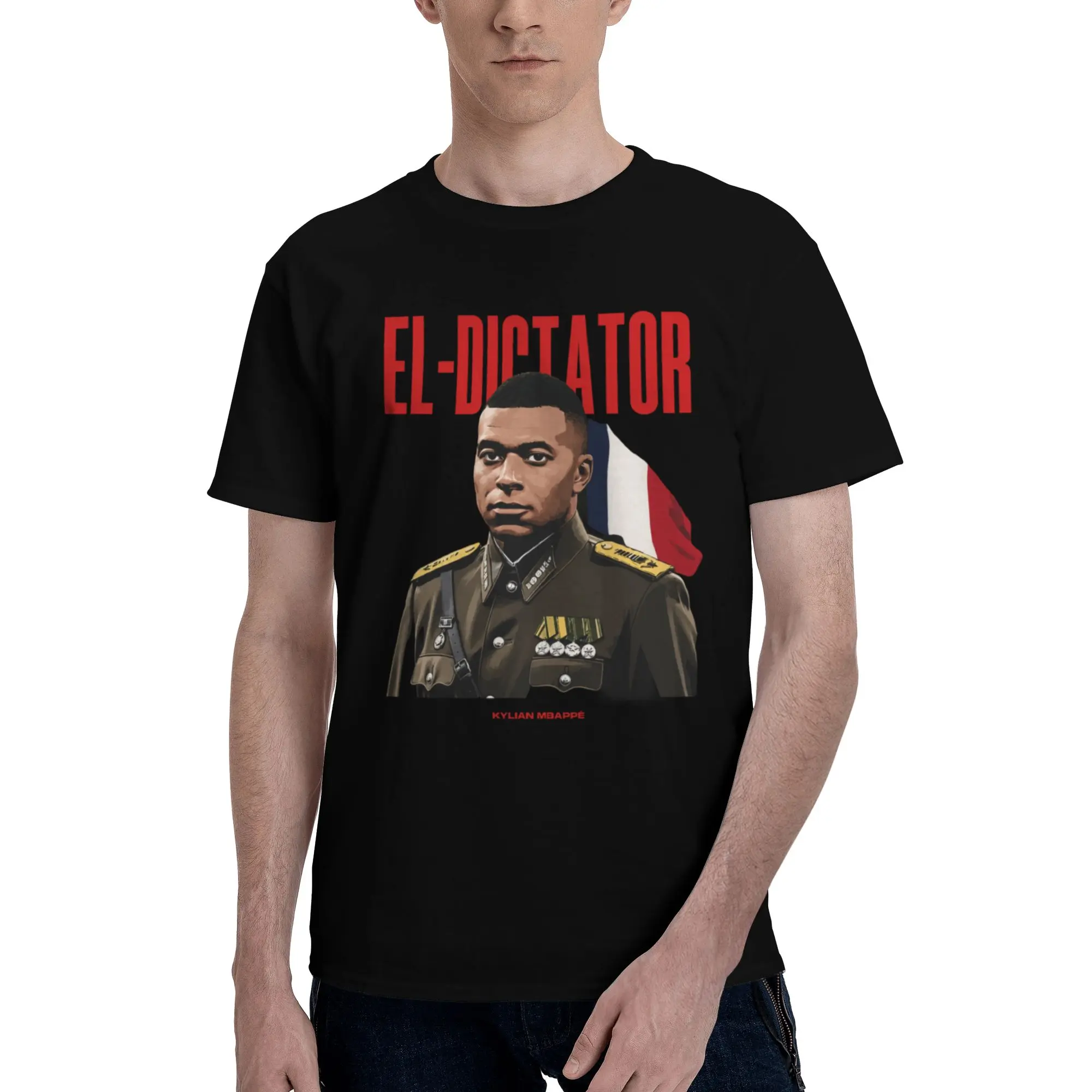 "El Dictator" Kylian Mbappe funny soccer meme tee for France fans. Bold military-style graphic with French flag. Soft premium cotton, unisex fit for match days, watch parties & daily wear. Great gift for Mbappe supporters & soccer lovers