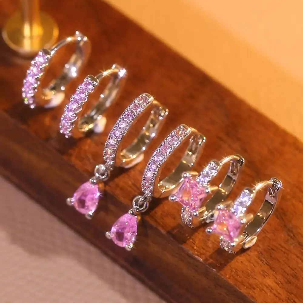 Three-Piece Women’s Earrings Set, Classic Fashion Teardrop & Square Stud Earrings, Gold Tone with Pink Crystal Accents, Multi-Pair Earring Stack Set, Jewelry Gift for Festivals, Anniversaries & Daily Wear