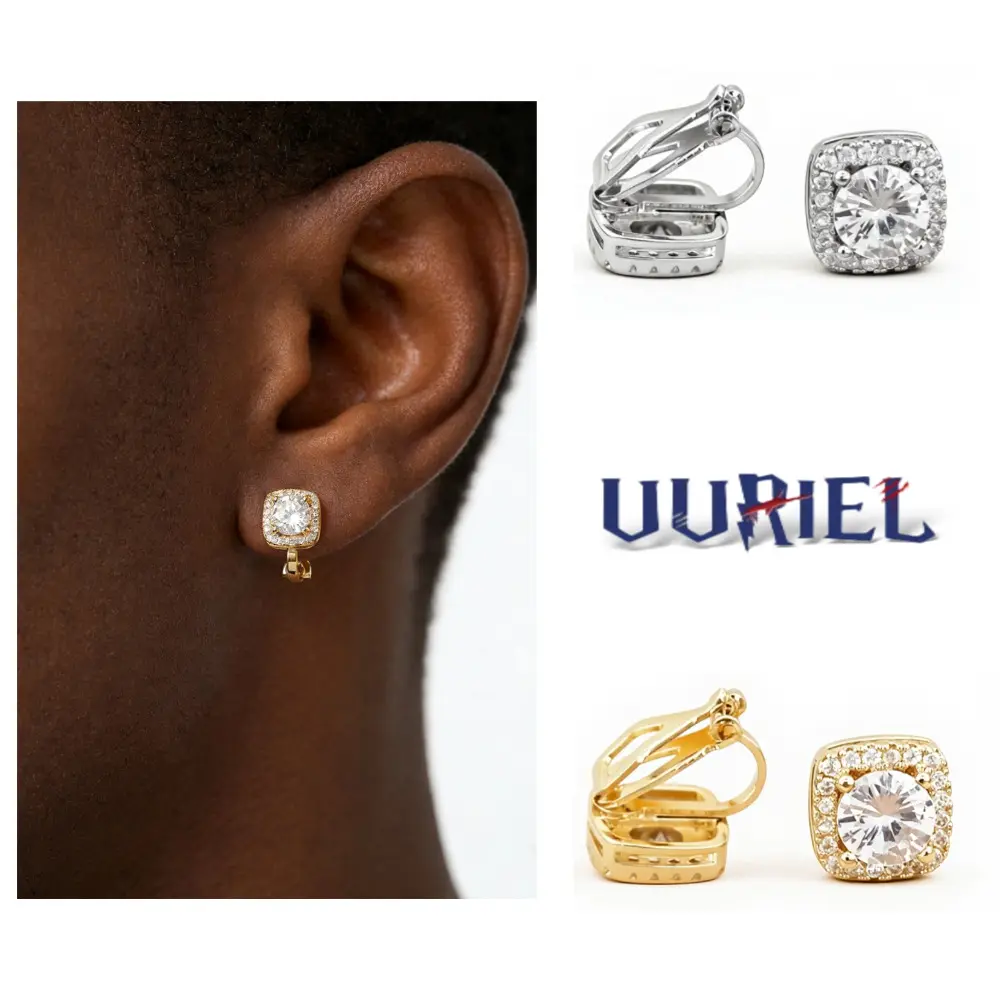 Geometric Square Pave CZ Ear Clips for Men & Women, Elegant Non-Pierced Statement Jewelry with All-Diamond Design