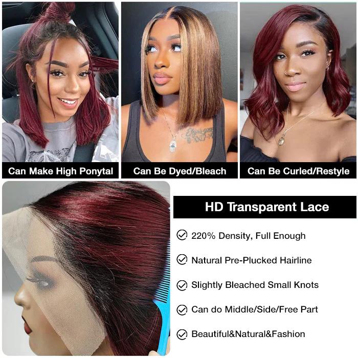 Pizazz Hair 1B/99J Burgundy Ombre Short Straight Bob Wigs Human Hair With Pre Plucked Hairline 220% Lace Frontal Human Hair Wigs