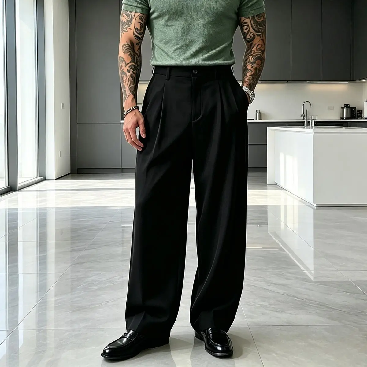 GINGTTO Men's Baggy Wide Leg Pants Casual High Waist Loose Fit Dress Pants Trendy Straight Suit Slacks for Men Wrinkle Free Chinos