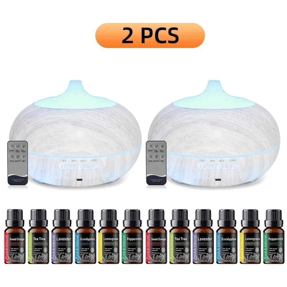 2 PCS Ultrasonic Mist Essential Oil Diffuser - Medium Size 550ml Humidifier with 7-Color LED Lights & 6 Essential Oils