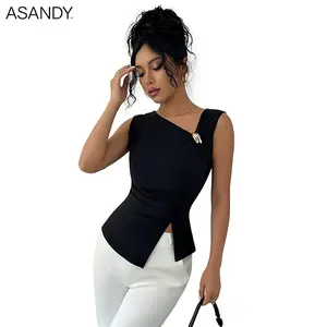 ASANDY Women's Asymmetrical Neck Sleeveless Top with Gold Accent and Side Slit – Elegant and Figure-Flattering