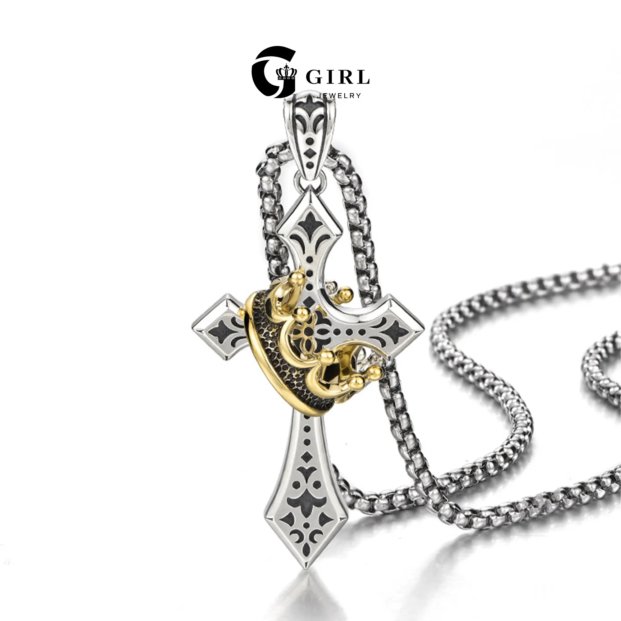 GGIRL Elegant Unisex Non Tarnish Stainless Steel Cross Necklace - Silver-Color Cross with Golden Crown Pendant, Retro Long Faith-Focused Stylish Jewelry Gift, Non Tarnish Necklace, Stylish Accessories, Faith Gift Ready