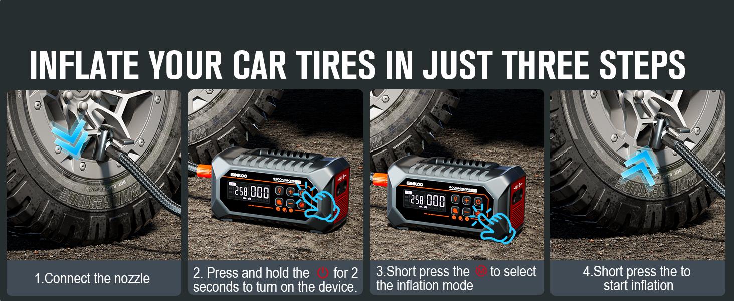 GOOLOO A7 10-in-1 6000A Car Jump Starter with Air Compressor (All Gas & 10 Disel), Multifunctional 160 PSI Smart Auto-Shutoff Tire Inflator & Portable Air Pump with Inflate 350L/min & Deflate 70L/min