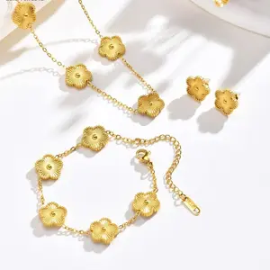 MP Luxury 18K Gold Plated Jewelry Set ,Lucky Clover Necklaces Bracelets Earring Set ,Stainless Steel Hypoallergenic Non Tarnish Hand Chain Stud Earrings Accessories for Women ,Valentine Gift for her