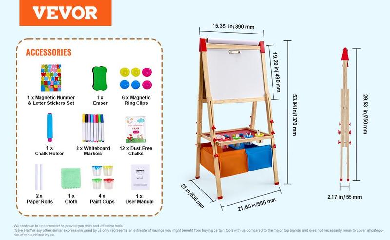 VEVOR 2-in-1 Kids Art Easel Double-Sided Wooden Magnetic Whiteboard Chalkboard, Christmas gift