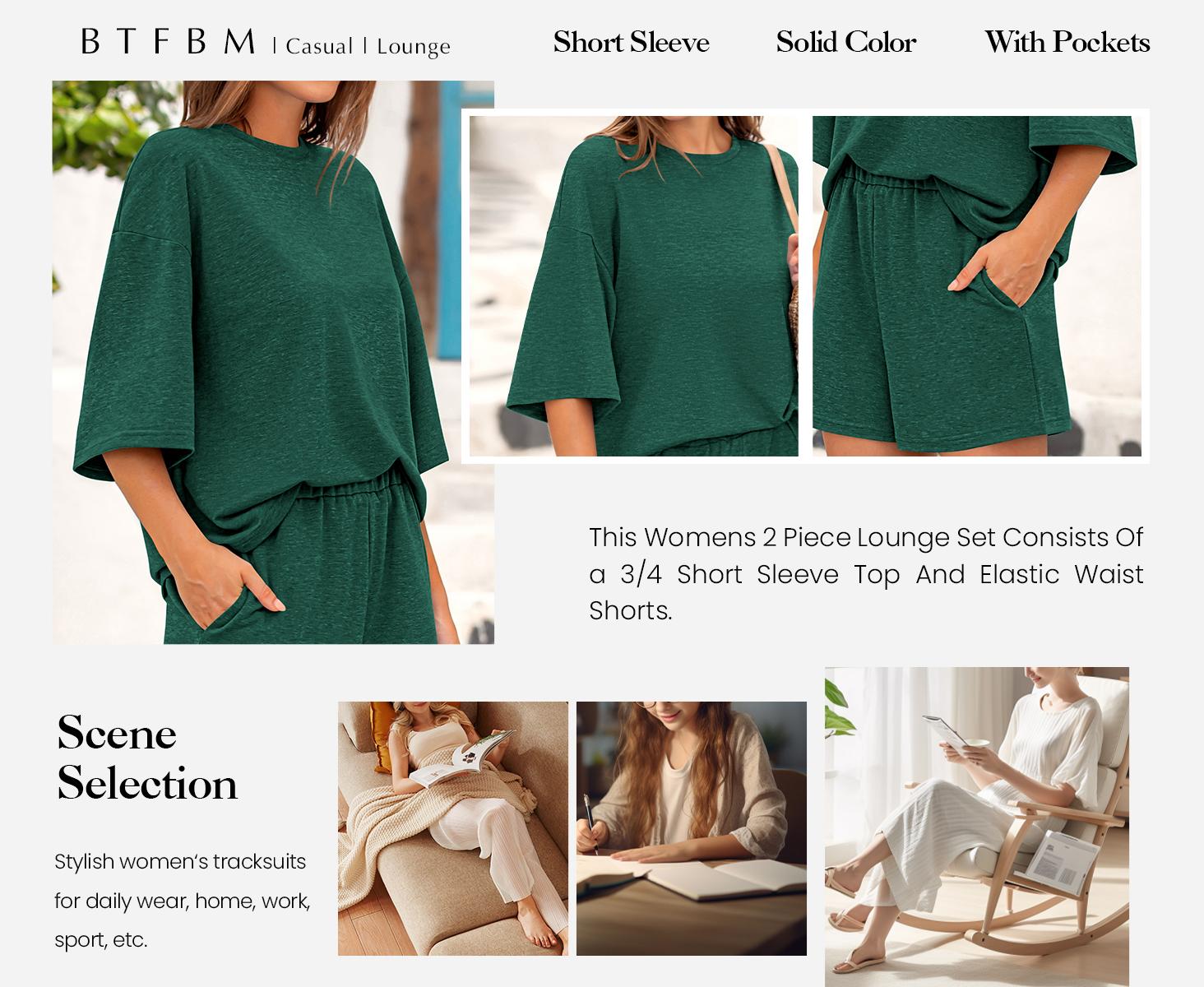 BTFBM Women Summer 2-Piece Outfits 2026 Matching Set Casual 3/4 Sleeve Tops Elastic Waist Shorts Lounge Sets With Pocket #Clearance