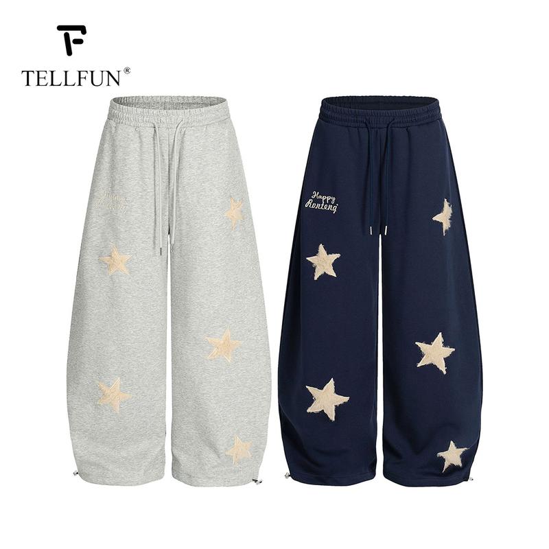 TELLFUN 2026 Men‘s Star Embroidered Jogger Pants Loose Fit Barrel Leg Sweatpants with Stretch Fabric and Drawstring Waist Y2K Streetwear Style；Unisex