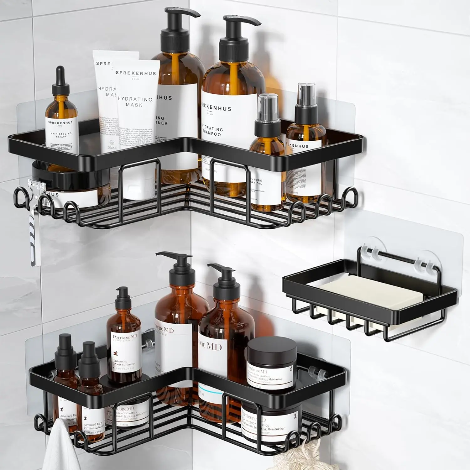 Jabukosu Rustproof Stainless Steel Adhesive Shower Caddy - No Drilling Corner Wall Mounted Bathroom Organizer with Soap Holder, 12 Adjustable Hooks, Bathroom Gadgets for Storage Organization, Adhesive Shower Organizers
