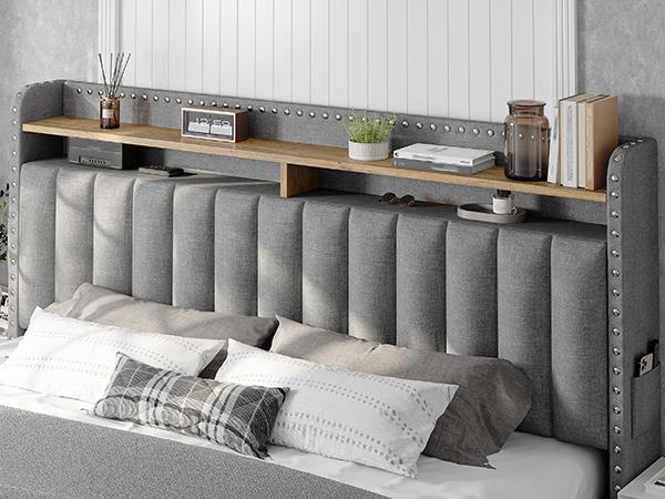 Bed Frame with Headboard and Storage, MATTRESS NOT INCLUDED OR OFFERED, Upholstered  Bed Frame with Storage, 2 Drawers,, NO Noise, No Box Spring Needed