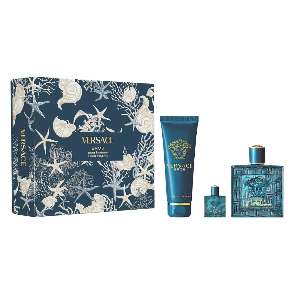 Versace Eros Men's Fragrance & Body Care 3-Piece Daily Gift Set - 3.4 oz EDT, 5 oz Shower Gel, 0.17 oz Mini EDT, Fresh Woody Scent with Vanilla & Lemon for Bold Men