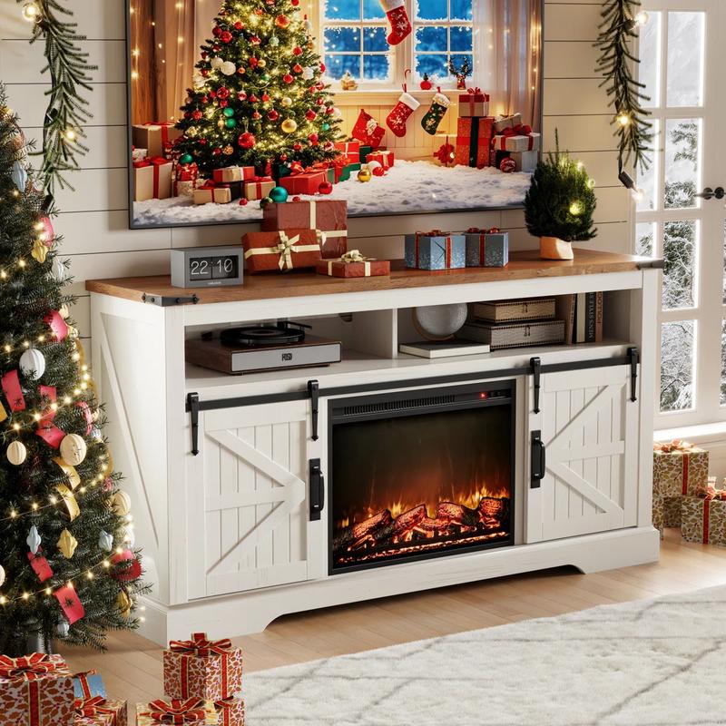 OKD 60" Rustic TV Stand – Electric Fireplace Mantel with 23" Freestanding Heater, Rolling Barn Door, Storage Cabinets, Remote-Controlled 3D Flame Effects
