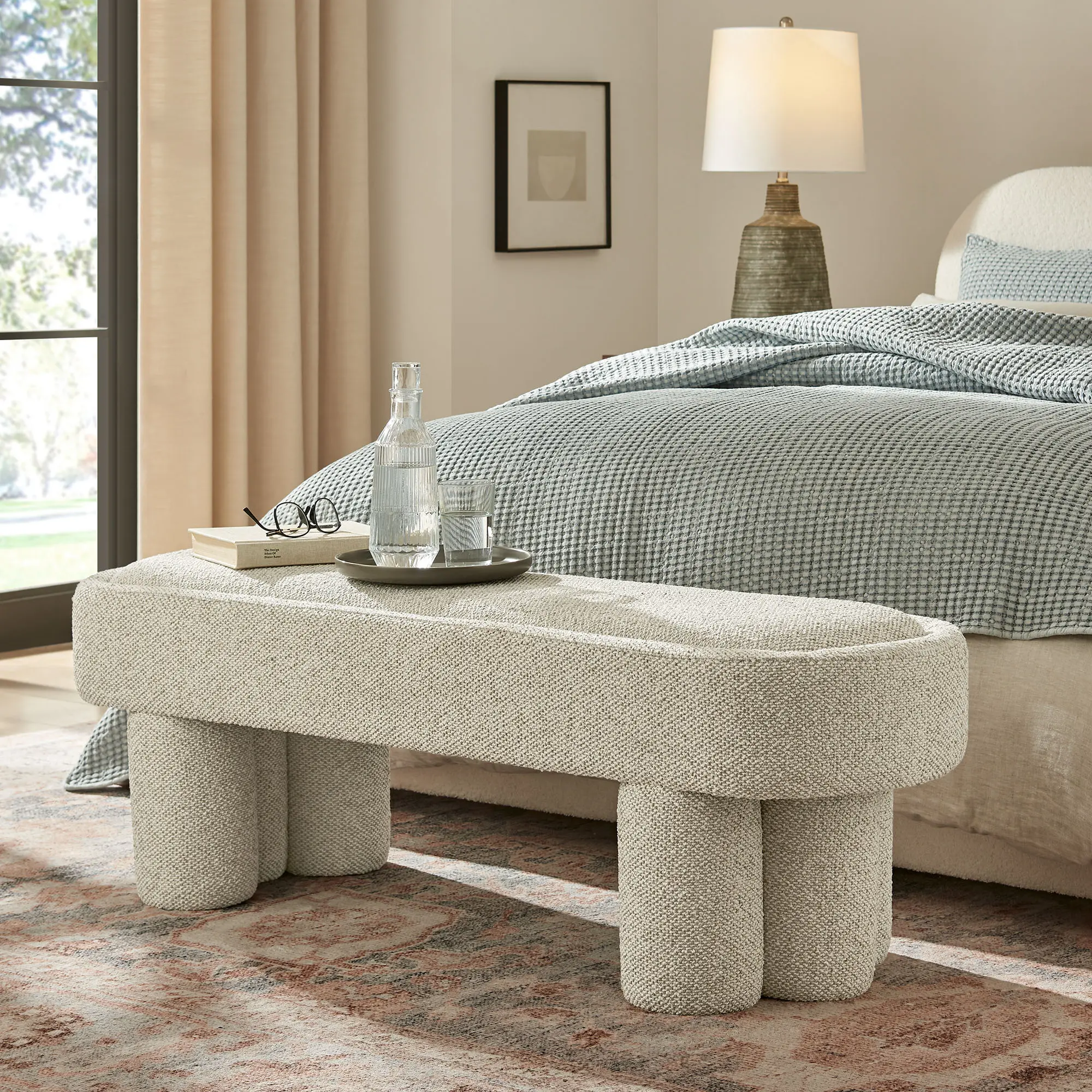 Mossi 52-Inch Oval Boucle Fabric Bench in Marble Mossi 52-Inch Oval Boucle Fabric Bench in Marble