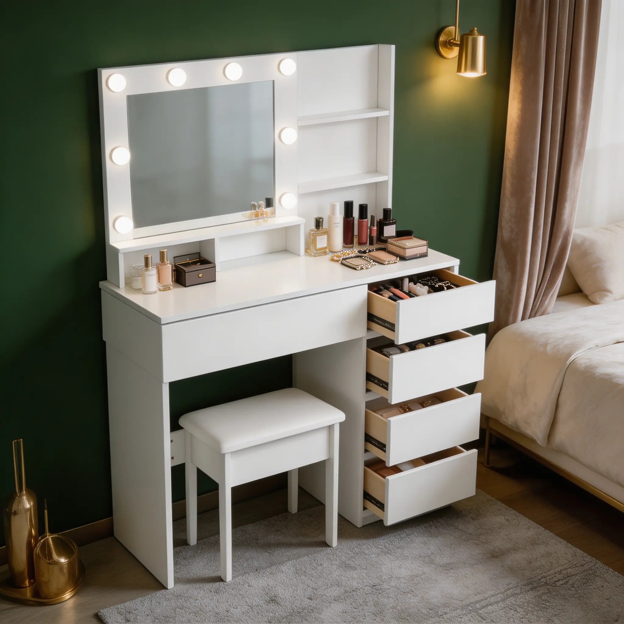 Vanity Desk with LED Lighted Mirror & Power Outlet, Makeup Vanity Table with 10 Hollywood Bulbs & 3 Lighting Modes, Dressing Table Set with Storage & Stool, White for Bedroom