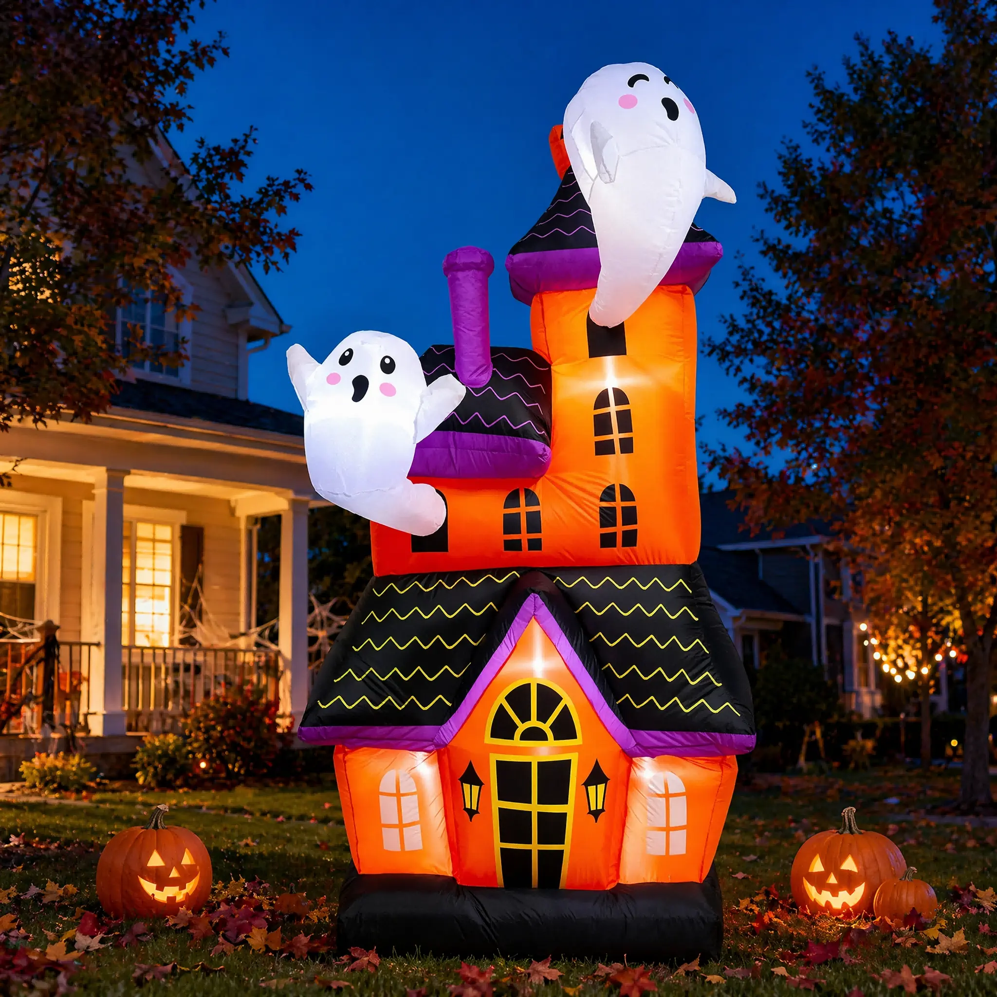 Large Inflatable Halloween Ghost House Decoration - Blow-up Castle with White Ghosts, Built-in LED Lights, Waterproof Outdoor Decor for Lawn, Garden Holiday Parties