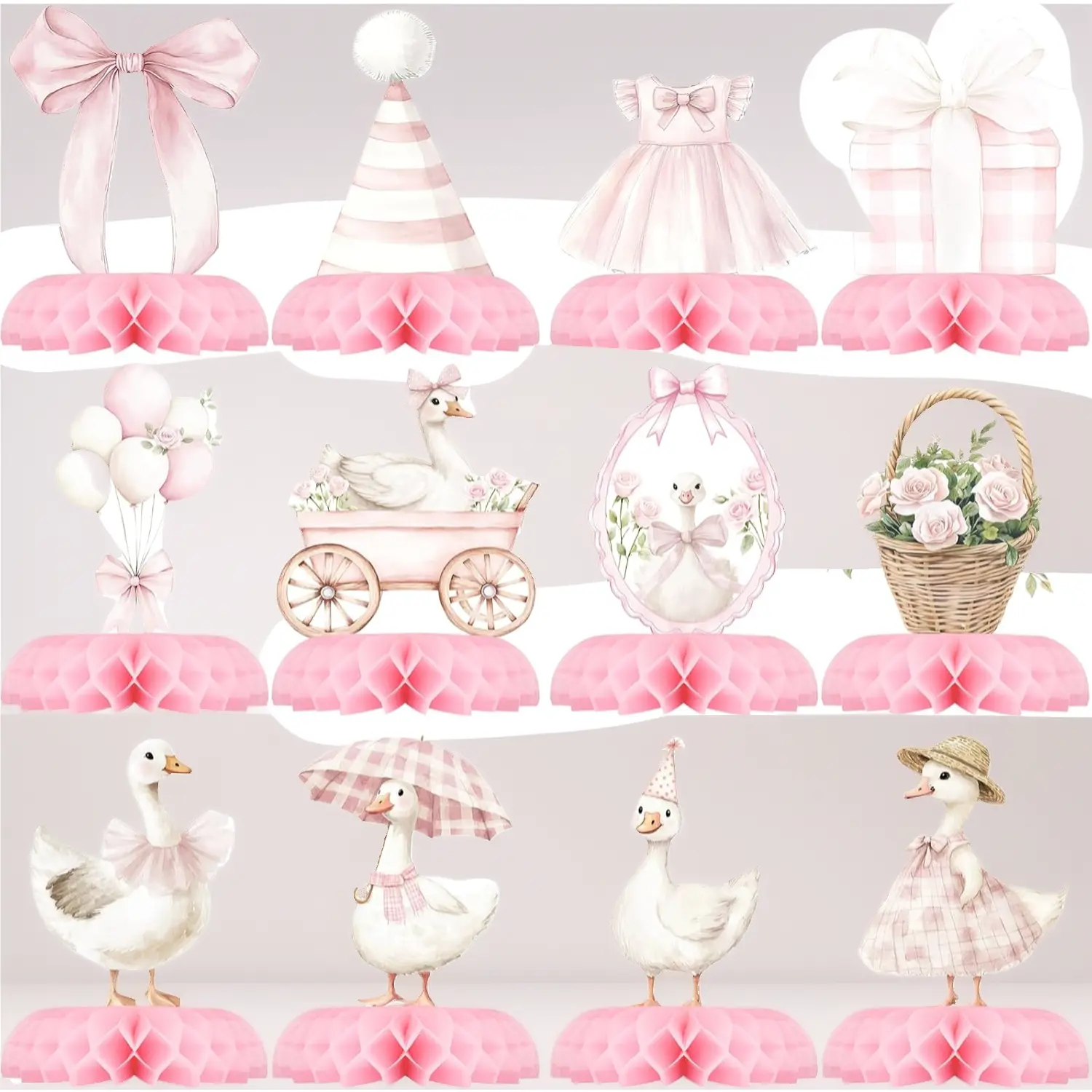 12 Pcs Pink Goose Baby Shower Decorations for Girl - Goose Baby Shower Centerpieces for Tables - Vintage Pink Goose Honeycomb Table Decor with Bow Floral for Girl Baby Shower 1st Birthday