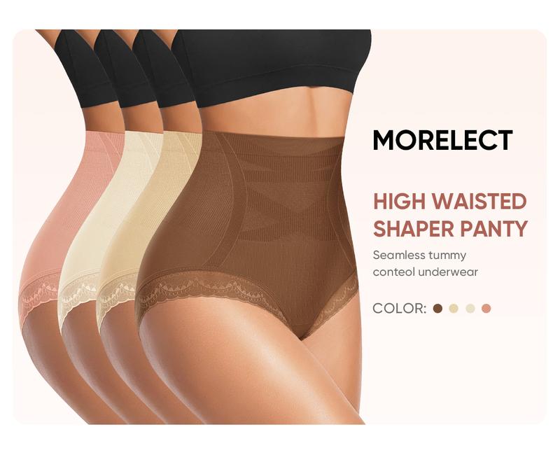 MORELECT 4/6/8 pack Women's High Waist Seamless Panties,No Show Tummy Control Underwear with Lace Sides,Comfy & Breathable Briefs, All Seasons Wear.