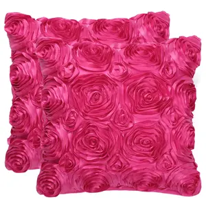 PiccoCasa 2 Pcs 3D Flowers Throw Pillow Cover, Romantic Decorative Satin Cushion Cover, Stereo Roses Pillow Cover for Bed Sofa Couch, 16" x 16", Fuchsia