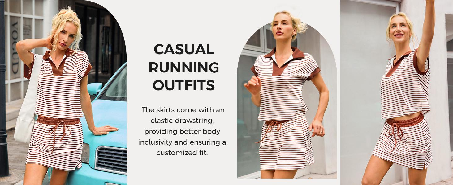 Fisoew Striped 2 Piece Outfits Casual Sweatshirt Skirt Set Long Sleeve Skort Workout Set Matching Lounge Sets Women's Matching Sets Women #Springtok #TikTokShopHolidayHaul #TikTokShopJumpstartSale Fabrics Elastic two piece set Elegance Shorts