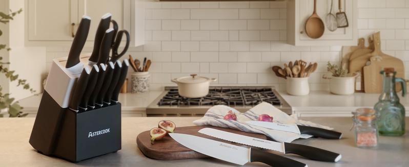 Astercook 14-Piece Kitchen Knife Set with Knife Block & Sharpener, Ceramic Coated Stainless Steel, Dishwasher Safe, Modern Home Cooking Cutting Carve