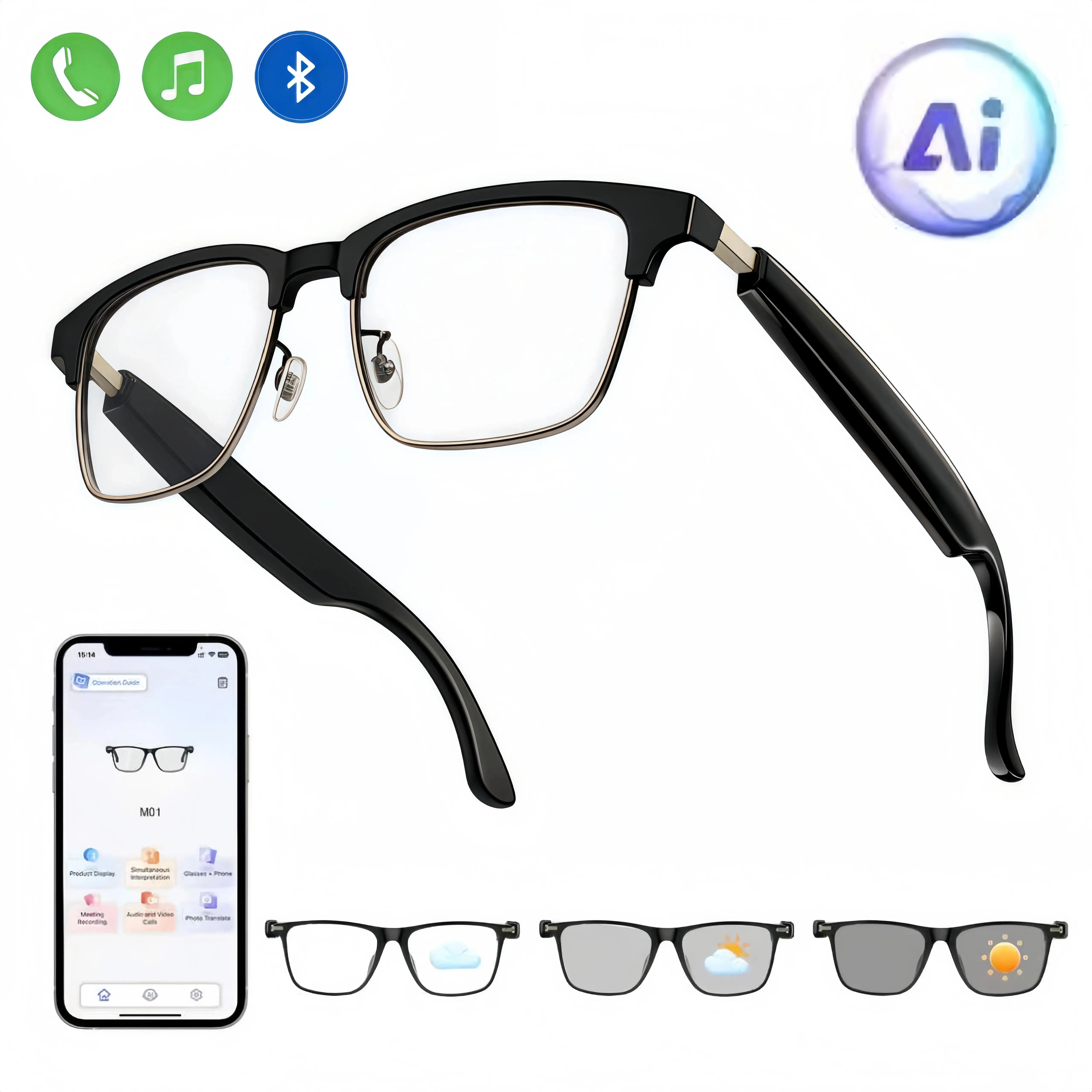 AI Translation Smart Glasses with Bluetooth Connectivity multiple Languages GPT Chat Unisex Audio HD Voice Calls HiFi Sound Photochromic Decorative Lenses ,Wearableallowing users to listen to music and make phone calls,IPX5 waterproof and dustproof rating
