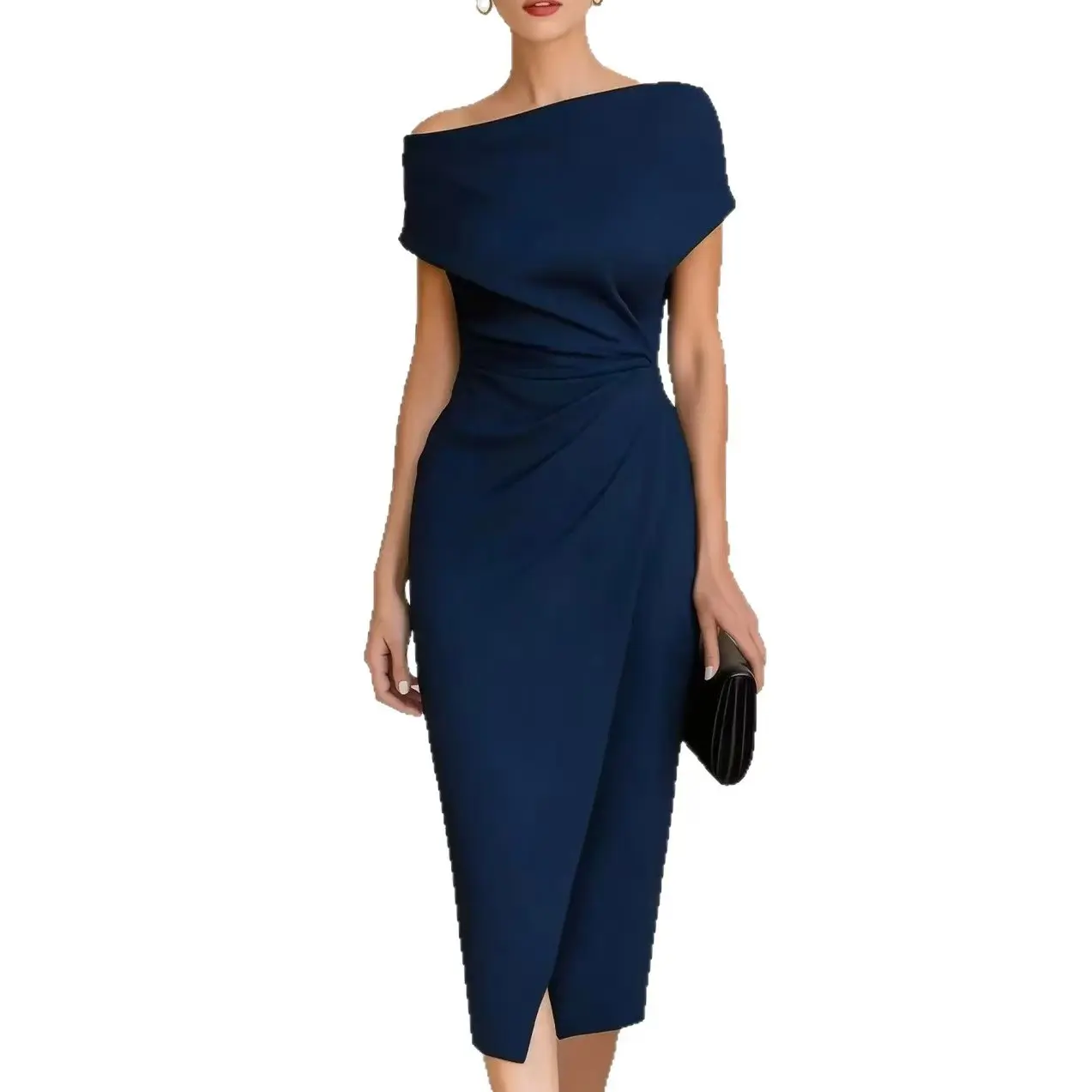 Women's Chic Off-Shoulder Midi Dress, Elegant Maroon Shortsleeve Sheath for Parties and Formal Wear, Elegance, Party, Fashion Apparel, Trend, Casual