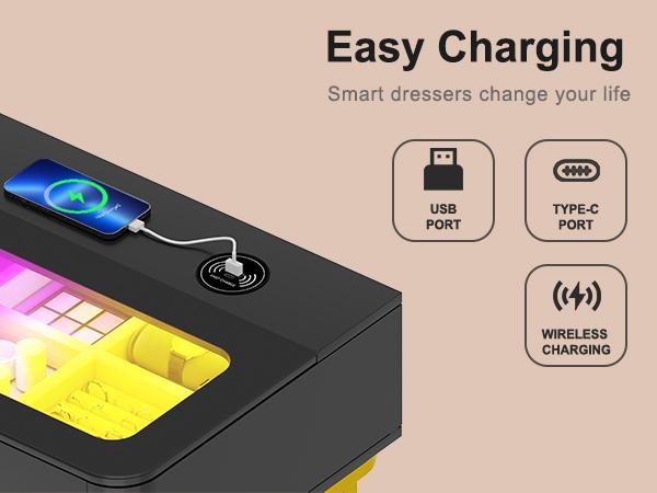 Miu Vanity Set with 24-Color RGB Lights, Wireless Charging, HD Mirror, 6-Drawer Chest & Big Storage Furniture Organizing - Modern