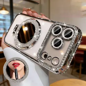 Transparent Rhinestone Phone Case with Mirror Stand for iPhone 12/13/14/15/16 Pro/17 Pro Max — Soft Silicone Shockproof Protective Cover, Premium Minimalist Light Luxury Women’s Style Silicone Case