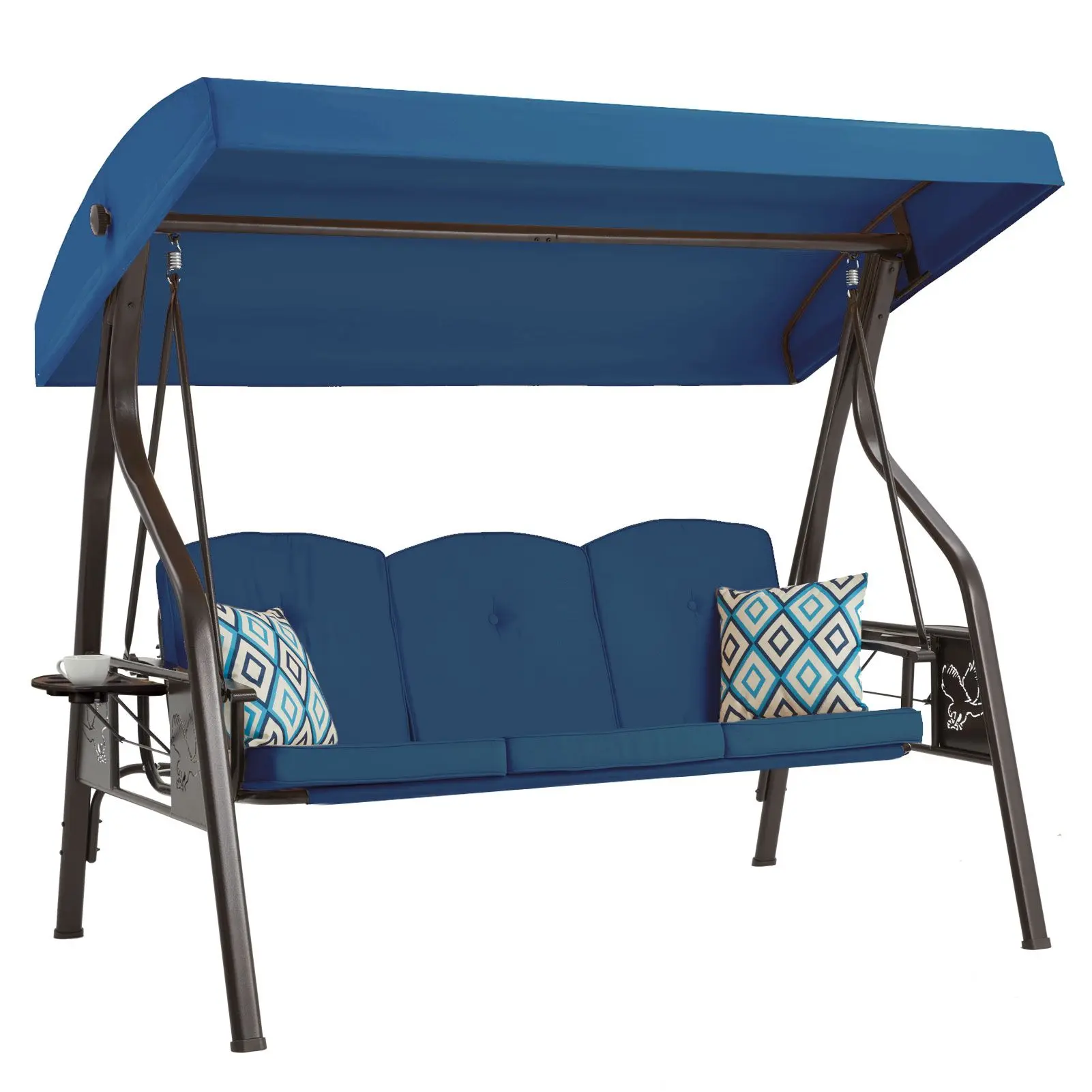 3-Seat Corrosion Res. Metal Frame Outdoor Canopy Swing - 2-in-1 Convertible Swing Bed, Extra Pillows, Cup Holder, 800 lbs Capacity, Butterfly Carve Design for Adult Yards