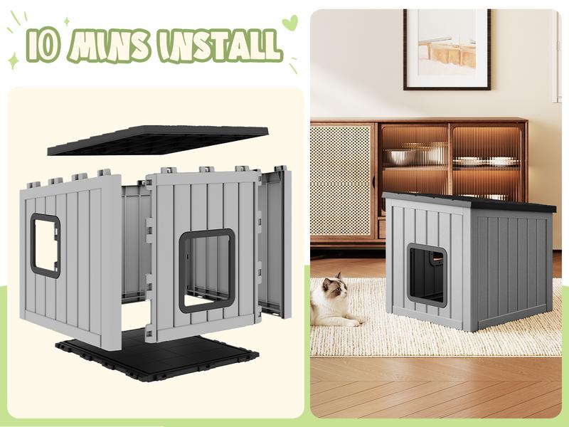 Durable All-Weather Cat House, Fade & Crack Resistant Resin Shelter with Roof, for Patio, Backyard & Garden