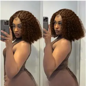 Chocolate Brown Short Bob Curly  Wave 13x4 HD Lace Front Wigs Human Hair Brazilian Colored Curly 13x4 Glueless Wig Ready to Go 180%