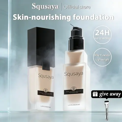 Squsaya Matte Vitamin C Liquid Face Foundation Bottle - 24HR Long-Wear, Rich Pigment, Universal Tone, Full Coverage, Flawless Matte Finish, Even Skin Tone, Extends Wear Time, For Oily & Combination Skin, Free Makeup Brush, Setting Powder, Concealer