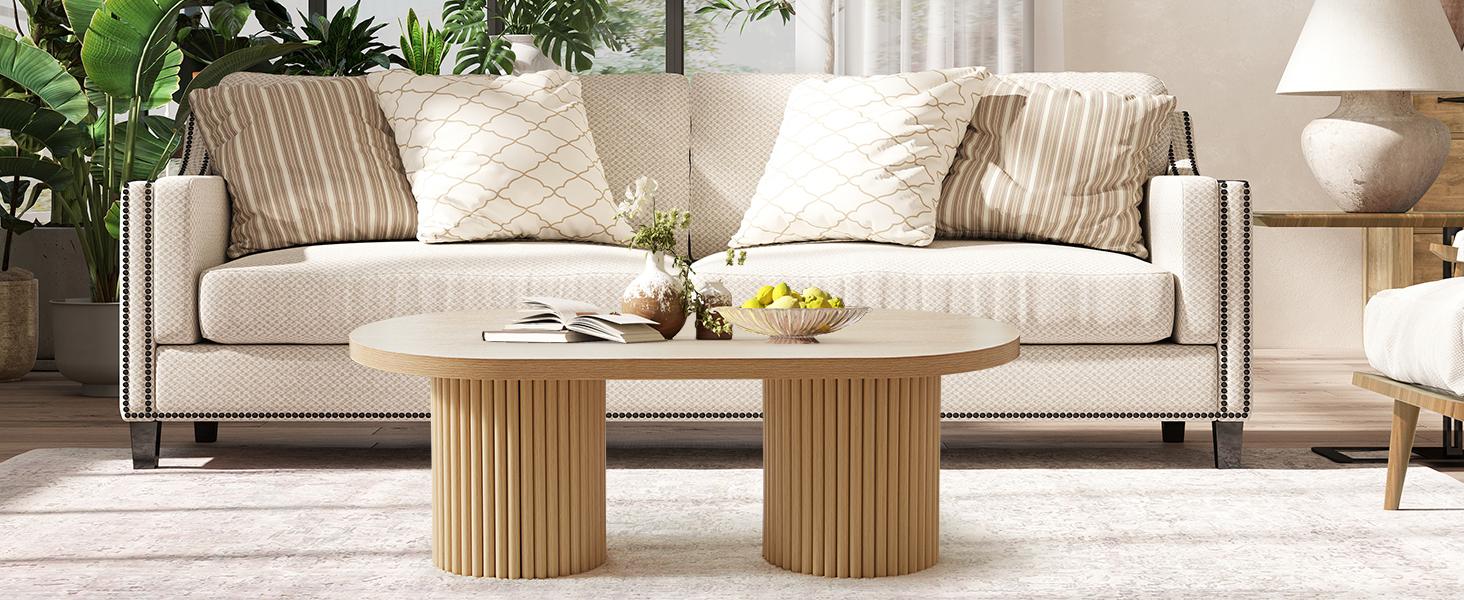 Giratree 39.38" Fluted Oval Coffee Table for Living Room, Boho Modern Coffee Table with Fluted Legs, Curved Round Wood Center Table for Home, Small Spaces, Office