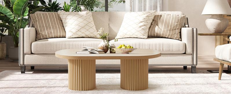 Giratree 39.38" Fluted Oval Coffee Table for Living Room, Boho Modern Coffee Table with Fluted Legs, Curved Round Wood Center Table for Home, Small Spaces, Office