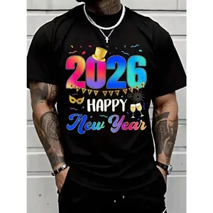 Men's 2026 Happy New Year T-Shirt - Retro Streetwear Party Shirt with 2025-2026 Fireworks, Champagne & 266 Numbers Print - Unisex Casual NYE Outfit
