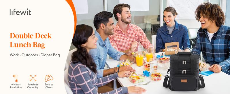 Lifewit Expandable Double Deck Lunch Bag for Men Women, Large Insulated Soft Cooler Bag with Shoulder Strap for Adults, Ideal for Work/Flight/Travel