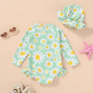 Baby girl swimsuit, cute baby print long-sleeved zipper swimsuit, summer beach sunscreen swimsuit