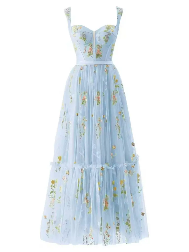 RETRO STAGE Women's Blue 1930s Style Polyester Mesh Ankle-Length Dress with Boned Lace-Up Bodice, Spaghetti Straps for Summer Wedding, Women's Formal Dress Wedding Guest Dress Fall Wedding Guest Outfit BackToSchool