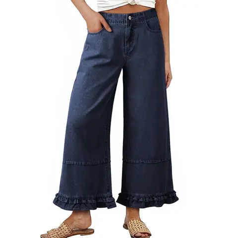 EVALESS Women's Oversize Wide Leg Jeans - 2026 Trendy 100% Breathable Cotton Mid-Rise Cropped Baggy Pants with Ruffle Hem, Button Fasten, Elegant Yet Street-Ready Jeans for Women (Summer Outfits Deal)