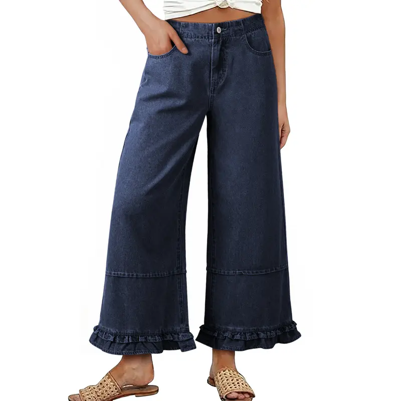 EVALESS Women's Oversize Wide Leg Jeans - 2026 Trendy 100% Breathable Cotton Mid-Rise Cropped Baggy Pants with Ruffle Hem, Button Fasten, Elegant Yet Street-Ready Jeans for Women (Summer Outfits Deal)