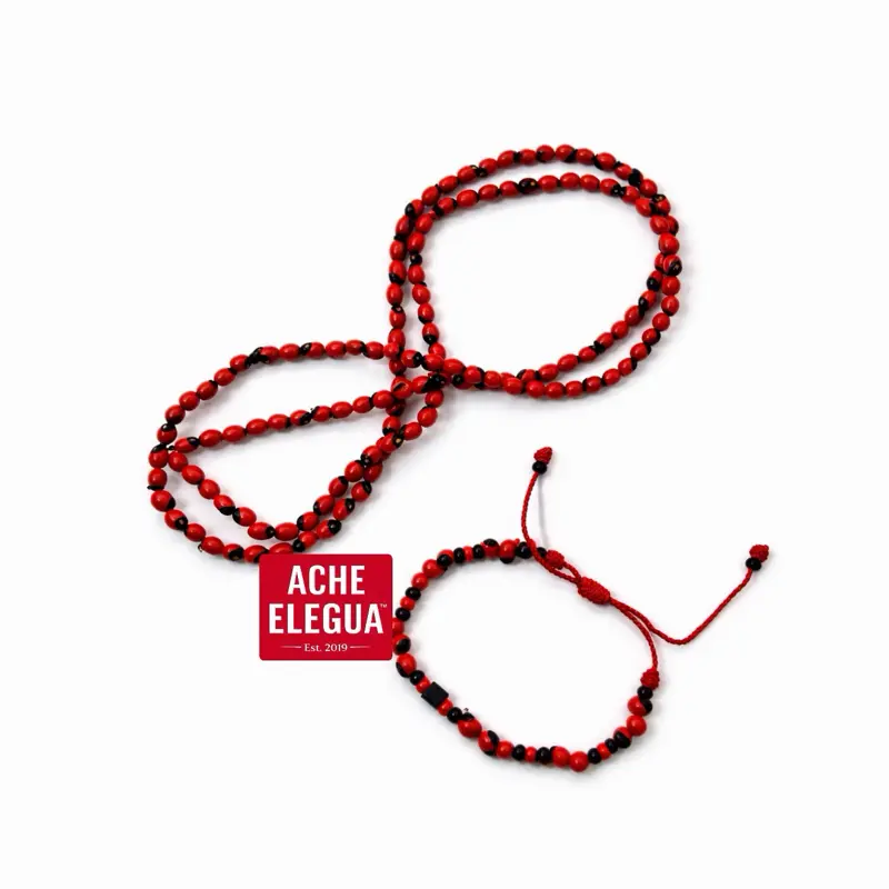 Ache Elegua Peony Necklace and Bracelet Azabache HandMade Set Spiritual Jewelry Red & Black Beads Adjustable Unisex Design 22-24 Inches