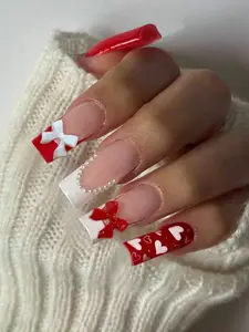 24Pcs Long Square Heart Nails Red Bow Faux Pearls French Nail Tips Press On Acrylic False Nails Set with Jelly Glue & Nail File for Women Girls Daily Party Valentine's Day
