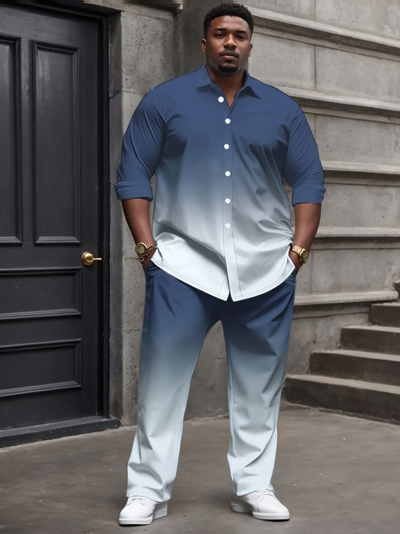 Men's Plus Size 2-Piece Polyester Blend Streetwear Tracksuit - Long Sleeves Casual Outfit Set, Gradient Tee, Drawstring Waist Pocket Pants, Machine Washable 2pcs Sportswear Athleisure Set, Men's Outfit Sets