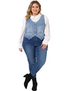 Agnes Orinda Plus Size Denim Vests Tops Button Down Jean Waistcoat Casual Sleeveless Jacket
